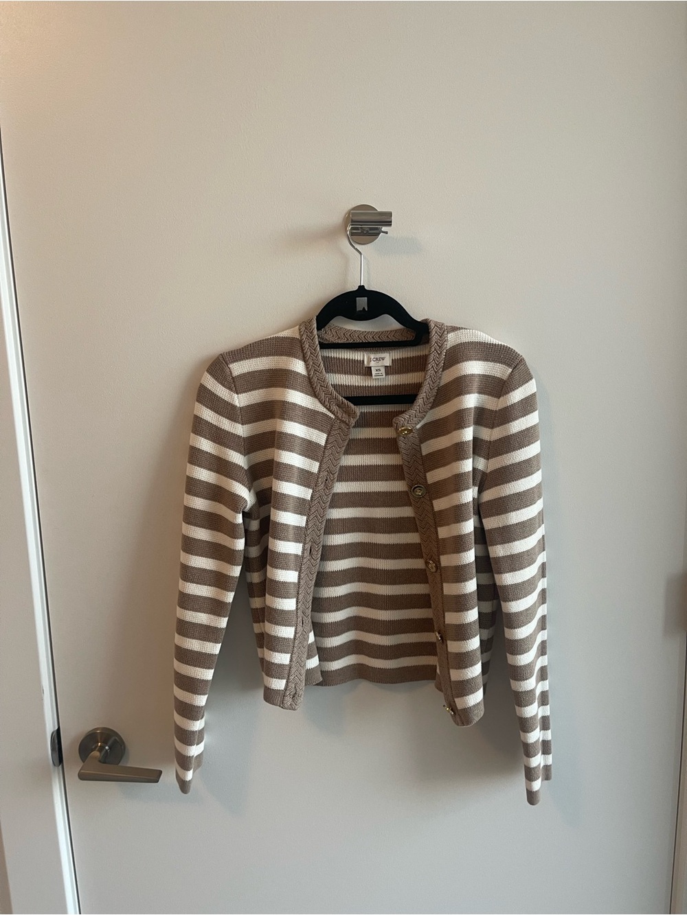 J Crew Striped Knit Cardigan in Tan and White